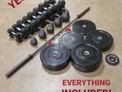 Bar/Bumpers Dumbbells & Kettlebells Complete Gym