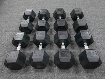 Sweet Set of New Dumbbells 55-70 Rubber Hex *dbhc*