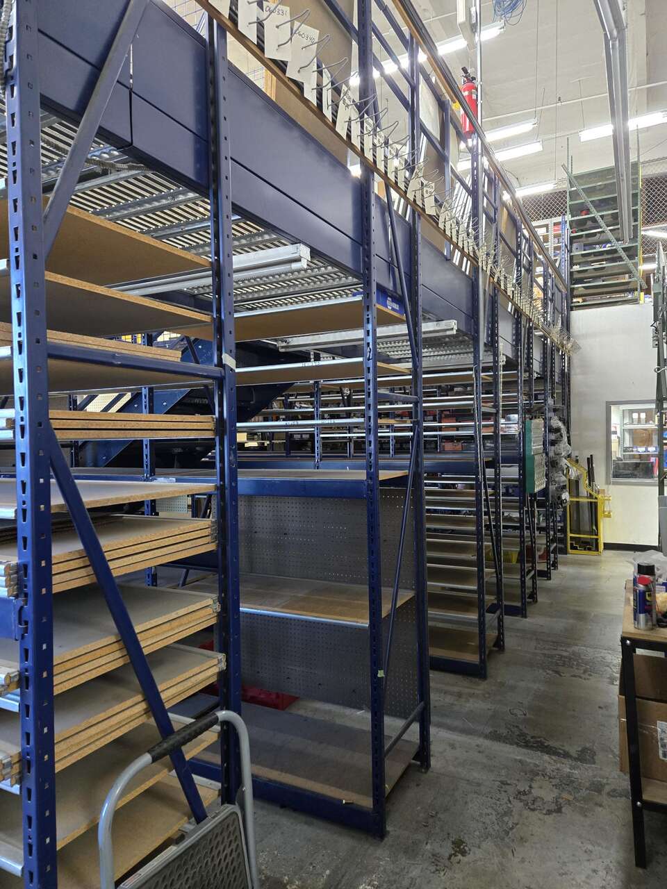 USED Tall Mezzanine Structure with Shelving, Warehouse Storage