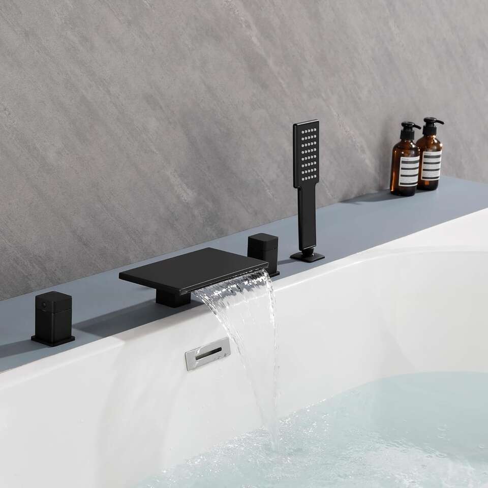 VANFOXLE Waterfall Bathtub Faucet Set with Hand Shower, 9 Inch Matte Black Deck Mount
