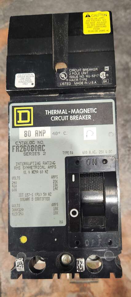 Square D Circuit Breaker 80 AMP 2 Pole / FA26080A2 / Square D 80 Amp Breaker