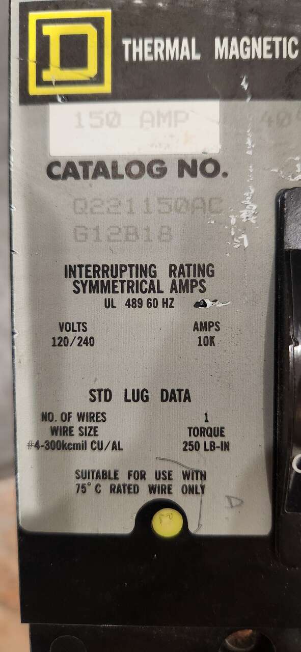 Square D Q22150AC 150 Amp I Line 2 Pole Circuit Breaker