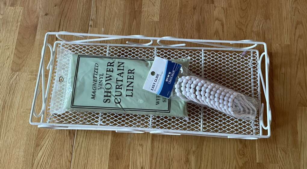 3 items: Shower Curtain, Rings,White Metal Tray