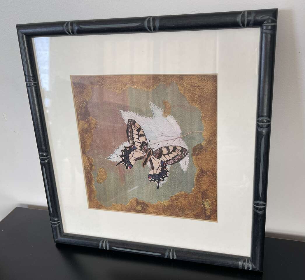 Butterfly fall nature inspired framed wall art print. Black bamboo frame. 13” square. $10