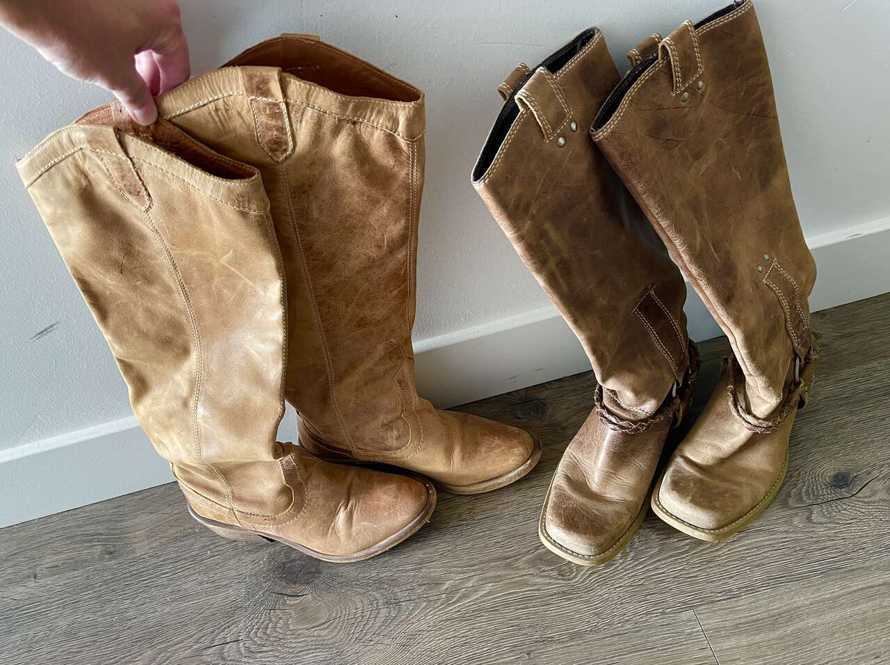 Bundle of 2 women’s Steve Madden tall leather pull-on western/ cowboy boots. Size 5.5-6, well aged -$30 for both