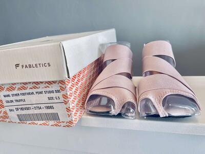 Women’s size 6.5 Fabletics strappy open toe ankle wrap fitness/barre/dance/studio shoe, flat grippy sole, New in box- $15