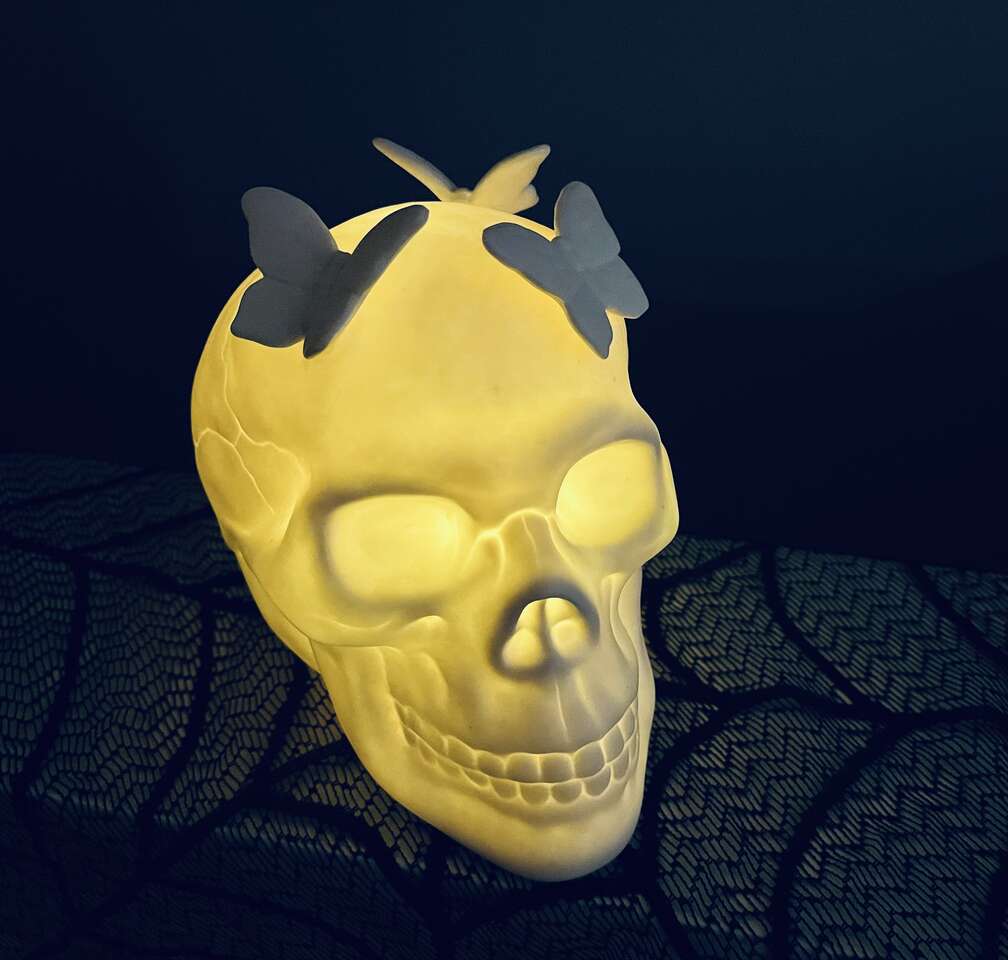 Rare HTF Grandin Road white LED Butterfly Skull Halloween Decor, Beautiful quality! Like New in Box-$35