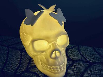 Rare HTF Grandin Road white LED Butterfly Skull Halloween Decor, Beautiful quality! Like New in Box-$35