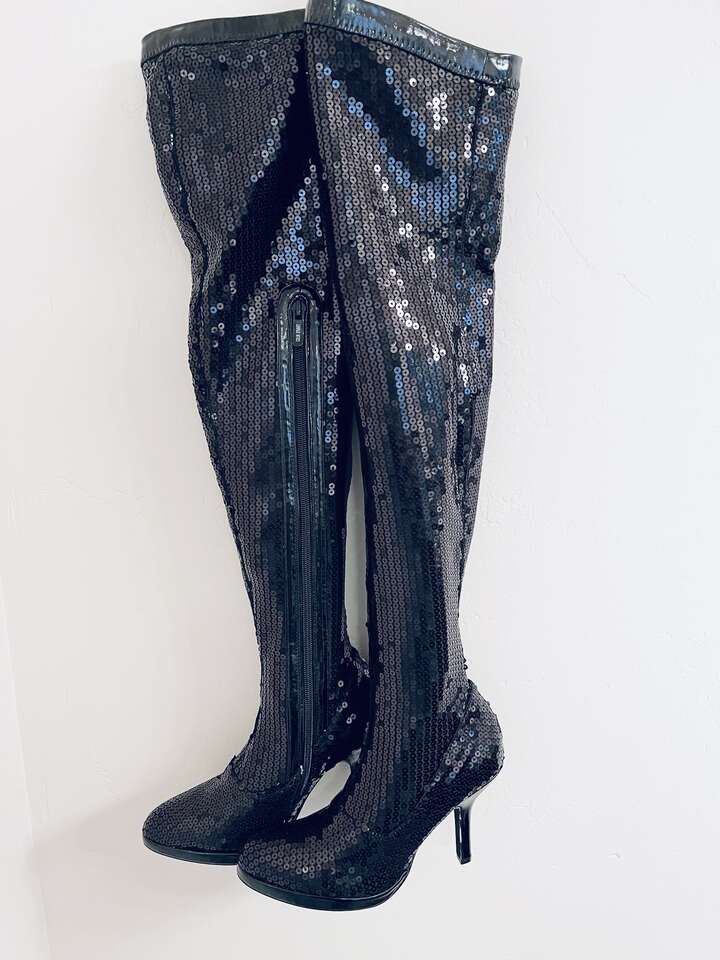 NIB Women’s Size 6.5 Black Sequin OTK Holiday Sparkly Party/ Halloween Costume platform Heeled Boots- Slim Sexy fit- $60
