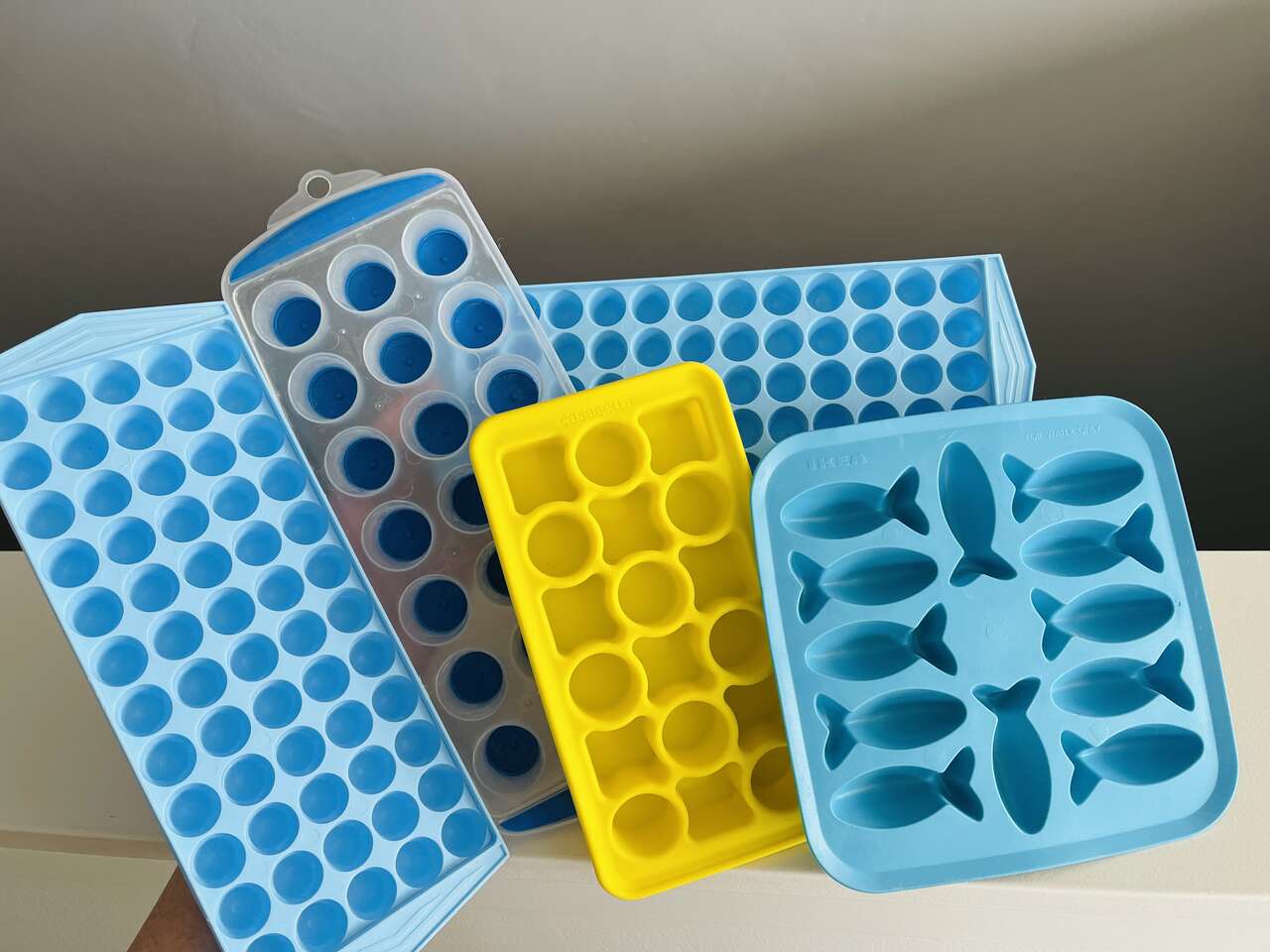Kitchen Bundle lot of 5 multi shape freezer ice cube mold trays, silicone/ hard sided, IKEA fish, casabella, mini cube- $7