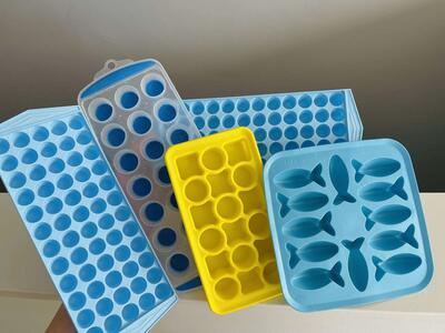 Kitchen Bundle lot of 5 multi shape freezer ice cube mold trays, silicone/ hard sided, IKEA fish, casabella, mini cube- $7