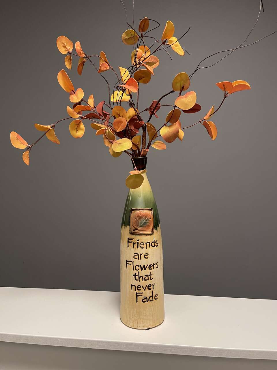 “Friends …” Rustic Nature inspired Glazed Tall Pottery Vase, mint condition! Gift/ Home Decor (Fall leaves not included) $10