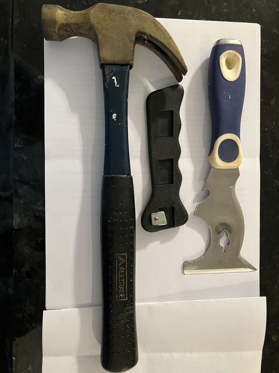 CARPET BLADE HANDLE, 13 inch HAMMER and 6-IN-1 GLAZIER TOOL