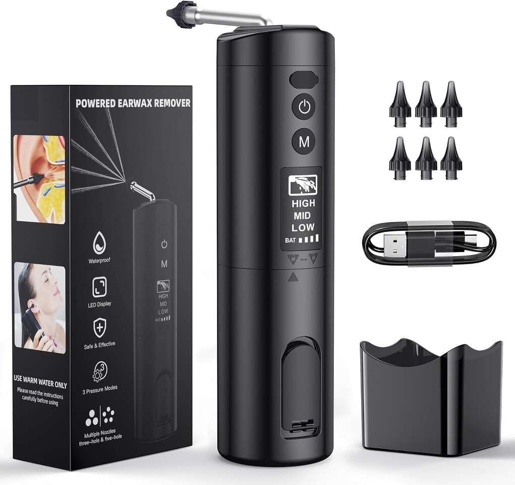 Ear Wax Removal Electric Ear Cleaner with 3 Adjustble Modes 6 Reusable Tips, LED Display, IPX7 Waterproof, USB-C Charging