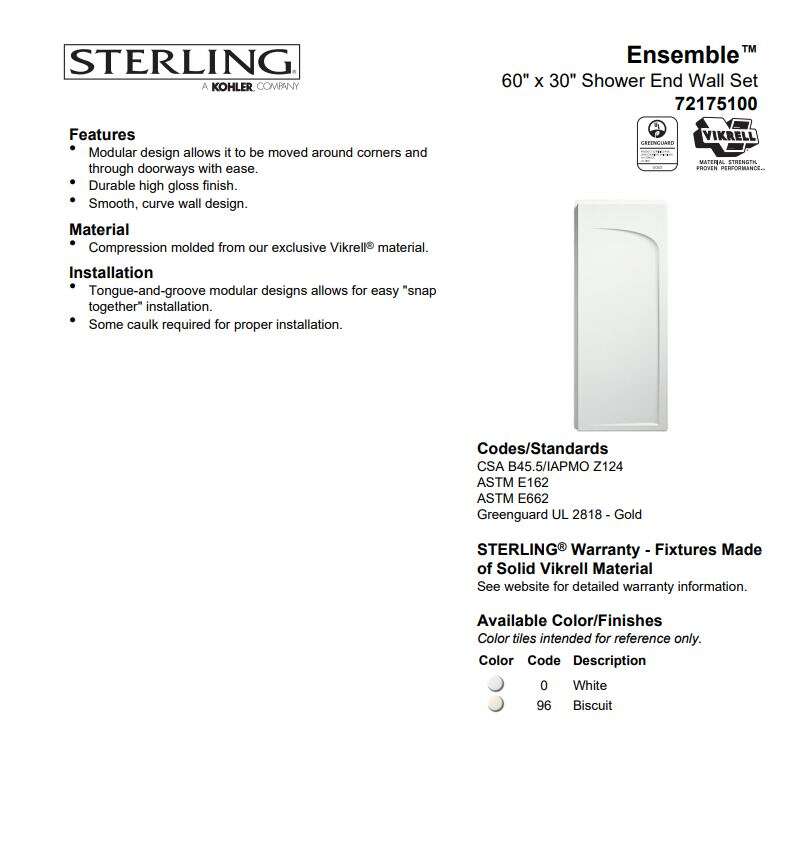 Sterling ensemble 72175100-0 curve endwall set 60" x 30" (both ends)