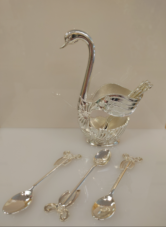 7pc _ Swan Holder &amp; 6 Spoons _ Demitasses / Espresso / Coffee - $14.99 ( NEW ) silver