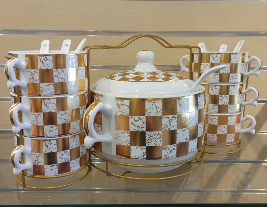 15pc Porcelain Soup set - $59.99. Checkered ( NEW ) white & gold