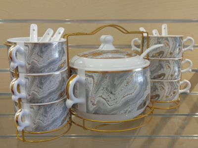 15pc Porcelain Soup set - $59.99 ( NEW ) grey / white / gold