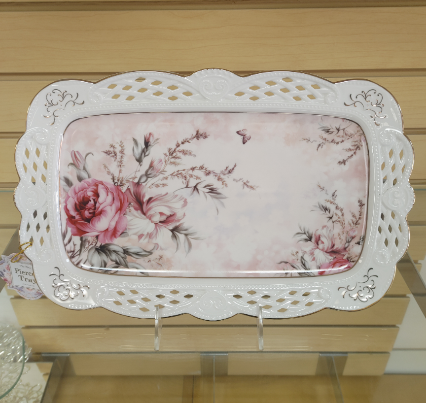 Porcelain Pierced Tray / Platter / Plate ( NEW ) pink. Tea time