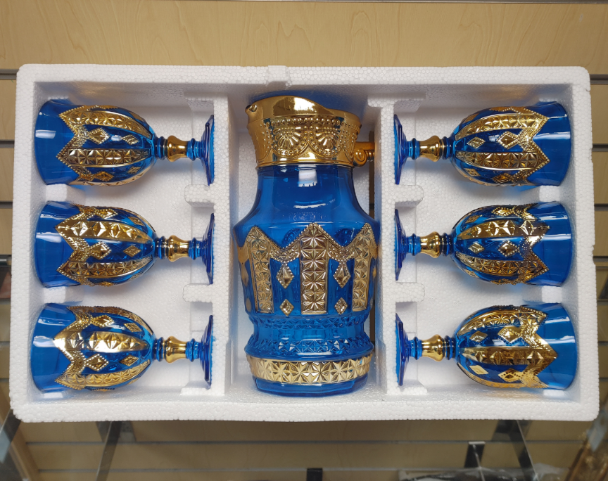 7pc Glassware _ Pitcher & 6 Goblets set - $29.99 ( NEW ) blue & gold