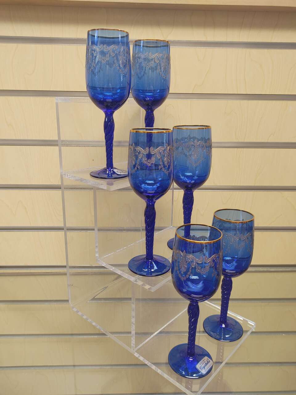 6pc Bohemia Crystal Glass Goblets / Flutes ( NEW ) blue & gold. Czech Republic
