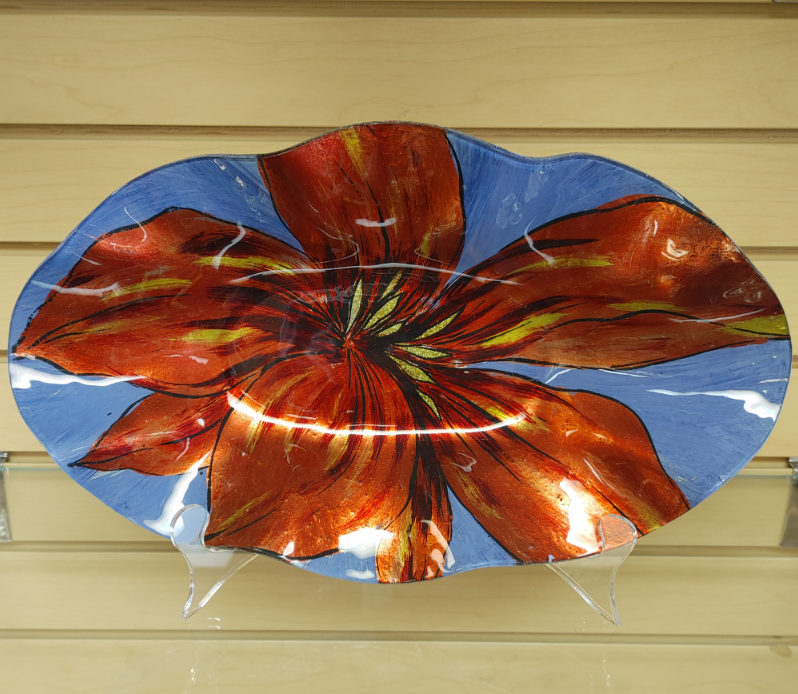 Glass Oval Plate / Dish, etc...  ( NEW ) blue & red. Decor, etc..
