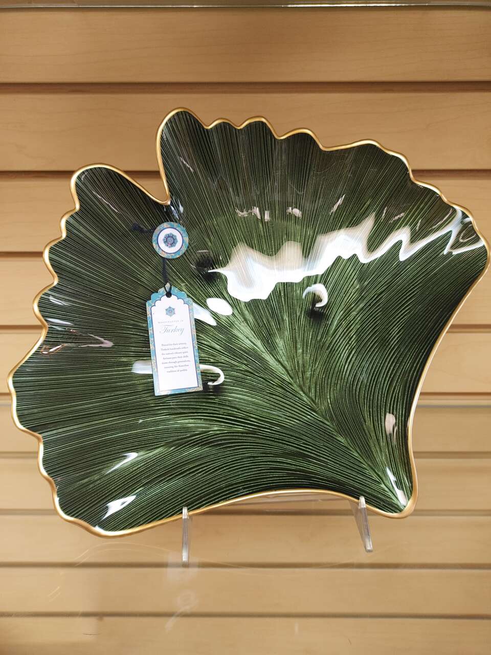 Glass Leaf Shape Plate / Platter, etc..  ( NEW ) green & gold.