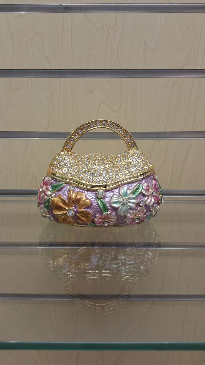 Rhinestone / Jeweled _ Purse Trinket / Figurine ( NEW ) pewter. pink/violet/gold/purple