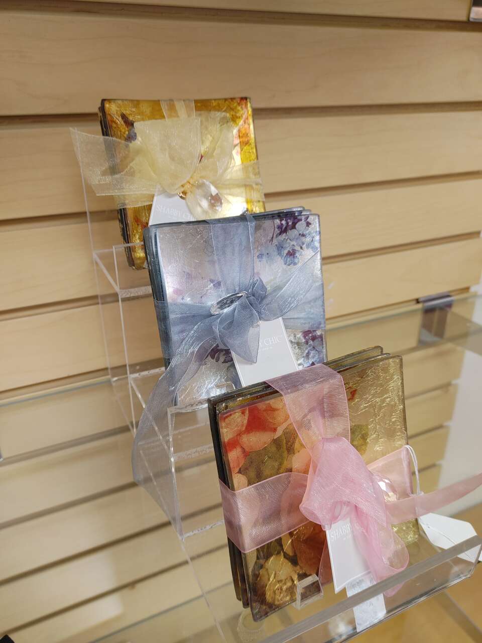 Set of 4 Glass Coasters ( NEW ) blue. silver. brown. gold. Tea / Coffee