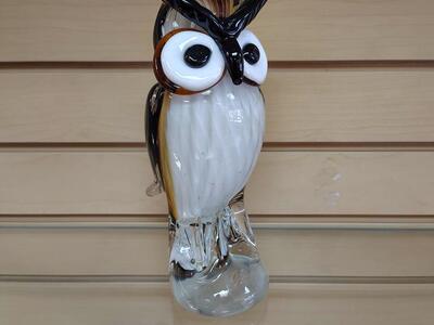 Glass Owl Figurine / Statuette ( NEW ) brown / white / black