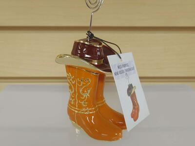 Cowboy Boots & Hat _ Figurine _ Memo holder / Paperweight ( NEW ) orange / ruby red / gold