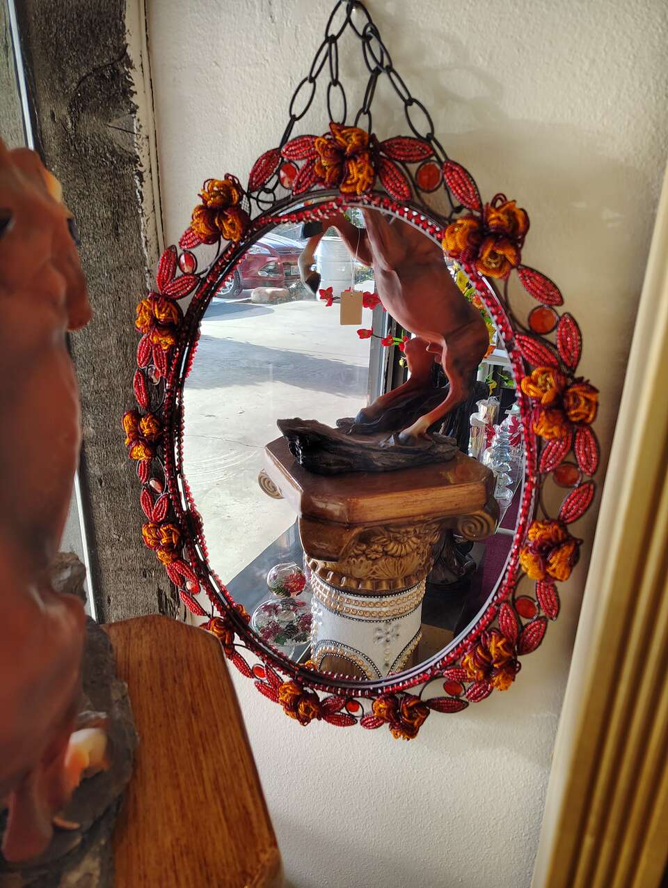 Oval Mirror _ frame with beads ( NEW ) red with some orange
