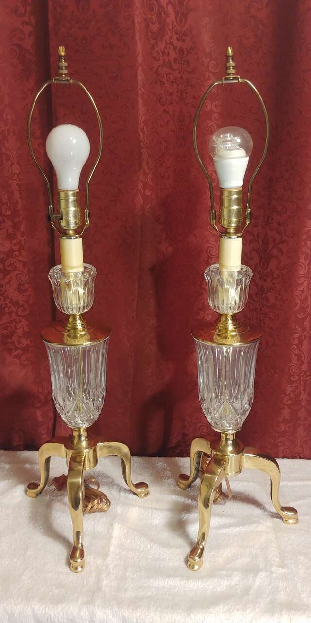 Vintage Crystal And Brass Leviton Table Lamps Set of 2