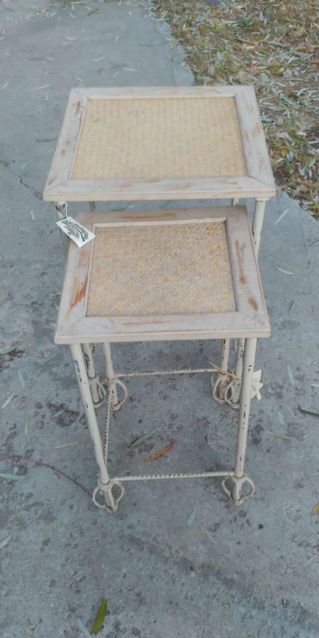 Cast Iron Nesting Tables W/ Wood and Wicker Top