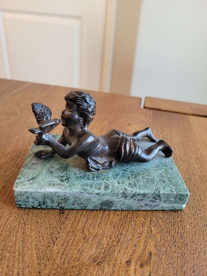 Pure Bronze Sculpture - Child with bird on Marble Base Andrea By Sadek Collectable