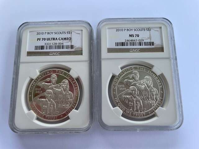 2010-P Boy Scouts $1 Silver Commemorative One Ounce Silver Coins, MS70 / PF70  NGC