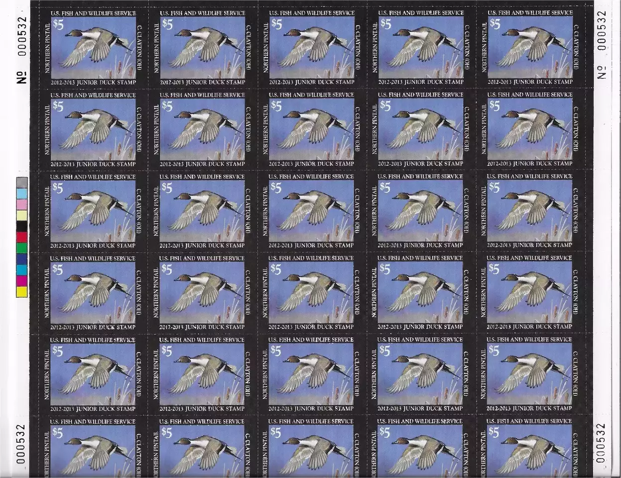 JDS20 2012 US Junior Duck Stamp FULL SHEET Plate # 000532 - Mint OG NH