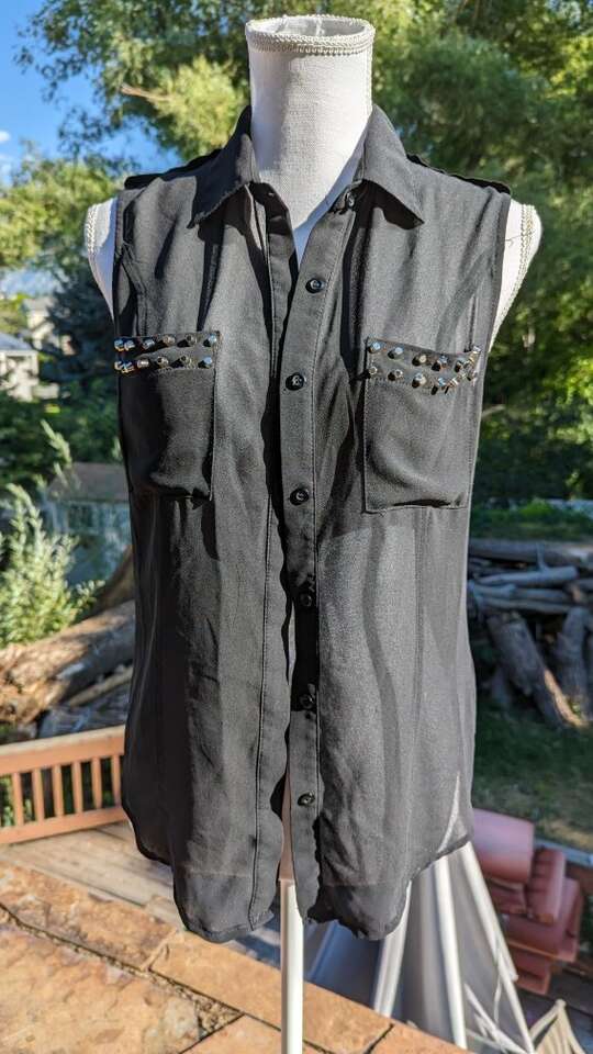 Audrey Ann sleeveless top in sheer black with meta