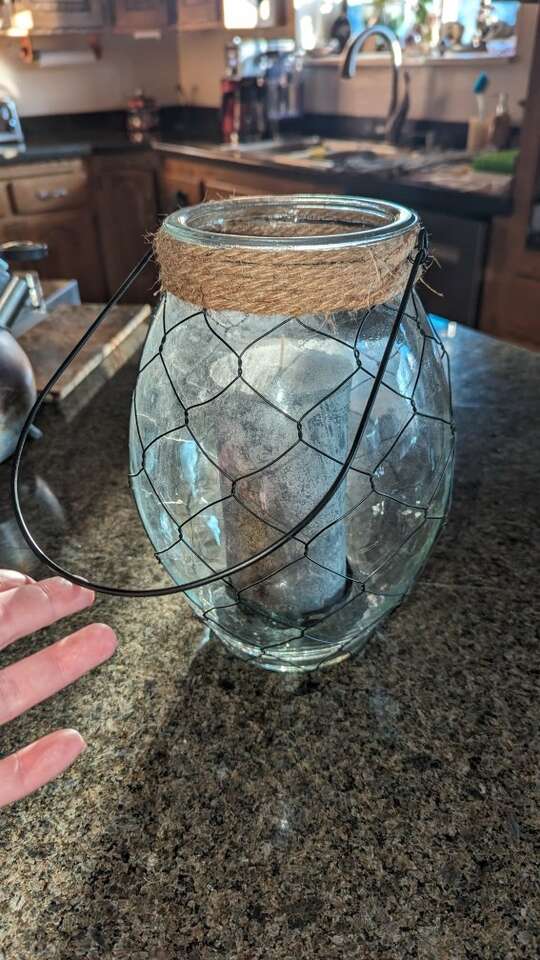 Large Glass Hurricane Lantern with Wire & Burlap I