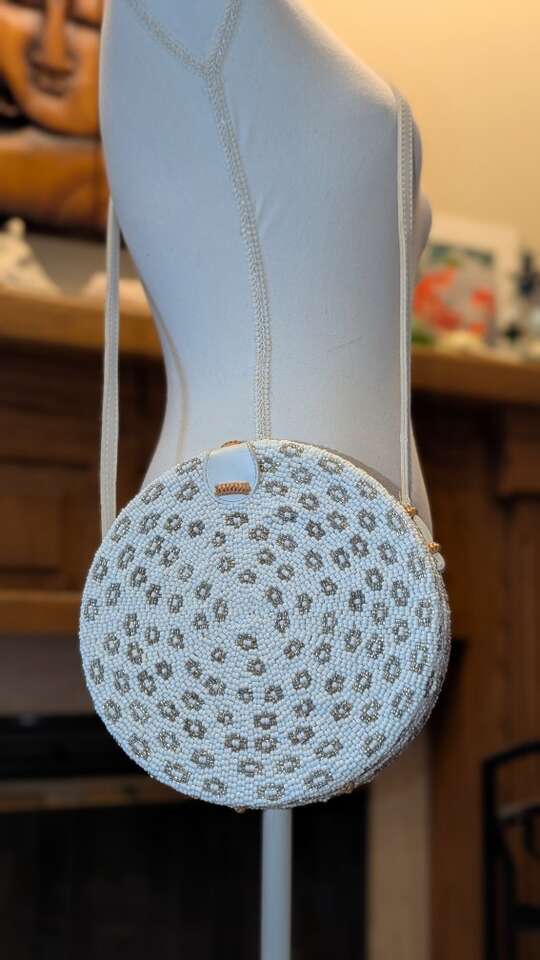 Fully hand beaded rattan basket crossbody bag from