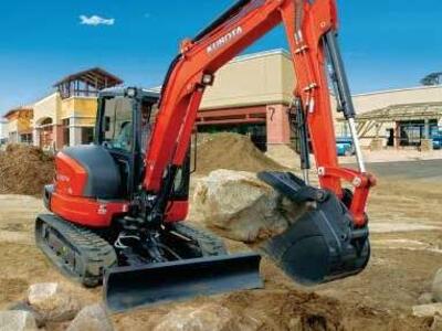 Kubota KX-057 mini excavator for rent. Great size for rock walls and basements