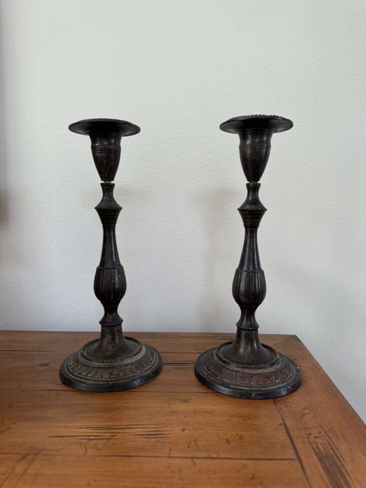 Qty 2 Antique Bronze 10” Tapered Candleholders