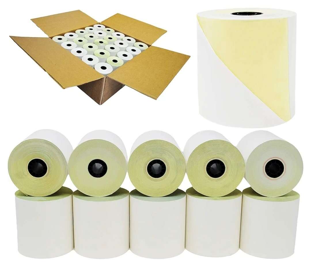 (25 Rolls) 3'' x 95' White/Canary 2 Ply Printer Paper Cash Register Receipt Roll