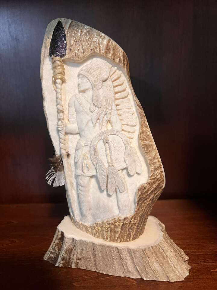 Elk Antler Carving of Native American Warrior or Chief (Obsidian Spear Tip)