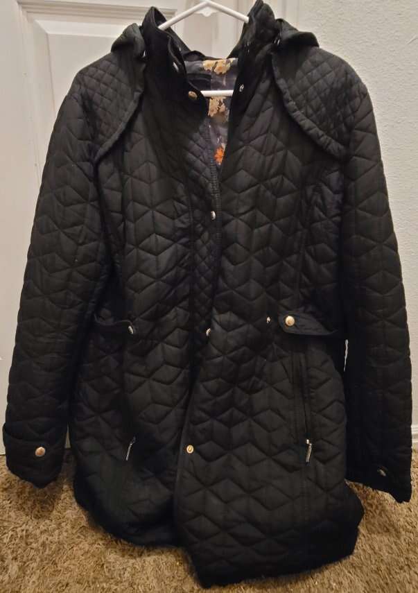 Ladies XXL jacket long black heavy floral lining