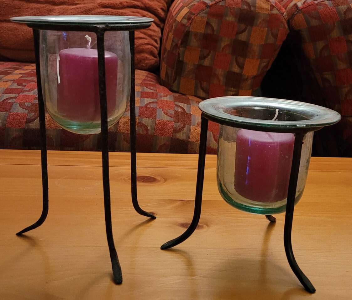 2 elegant metal candle holders rustic 8" & 5" tall