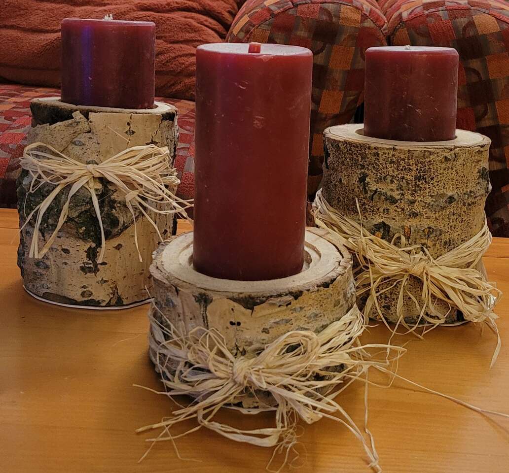 3 rustic candle holders wood bark cabin home decor