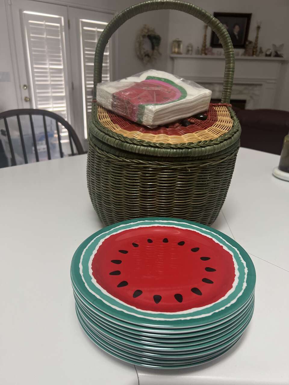 Watermelon Picnic Basket  with 12 plates and Napkins
