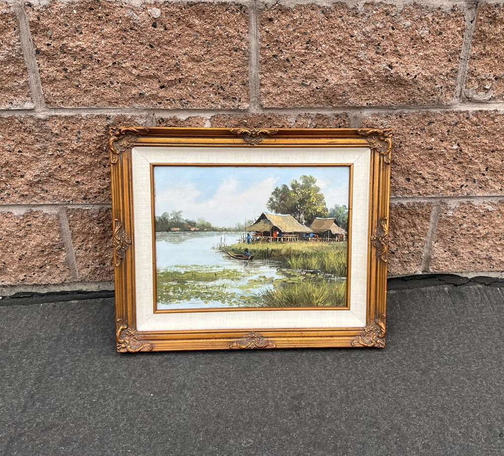 Vintage Asian Landscape Oil Painting Boat Fishing