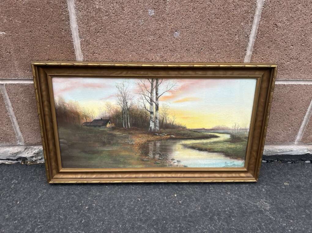 Vintage 1918 Lake Stream Farmhouse Cabin Painting